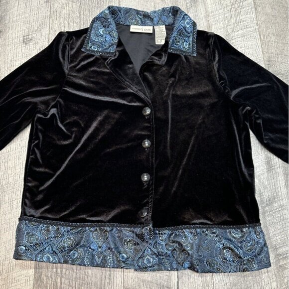 Studio Ease Velour Blouse Womens SP Black‎ Blue Shirt Stretch Button Winter NEW - Picture 3 of 9